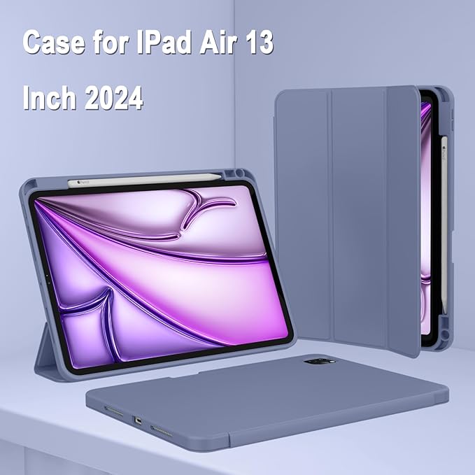ZryXal New iPad Air 13 Inch Case M3 2025/M2 2024 with Pencil Holder, Trifold Stand Smart Case with Soft TPU Back,Auto Wake/Sleep(New Lavender)