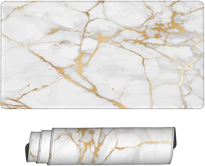 White and Golden Marble Large Extended Mouse Pads XL Mousepad with Stitched Edges Non-Slip Rubber Base Computer Keyboard Pad Desk Mat for Home Office Desk Decor, 29.5" X 15.8"