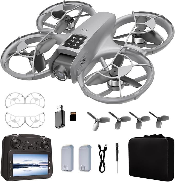 Drone With HD Camera 4.5inch Screen Controller, Under 250g Mini RC Quadcopter Headless Mode One-Key Takeoff/Landing Optical Flow Positioning M23 Drones with 2 Batteries for Adult Beginners (Grey)