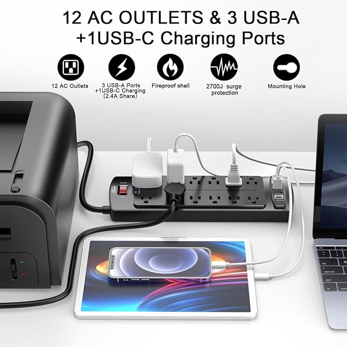 Power Strip, ALESTOR Surge Protector with 12 Outlets and 4 USB Ports(1 USB C Port), 15 Feet Extension Cord (1875W/15A), 2700 Joules, ETL Listed, Black