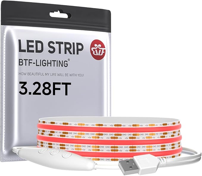 BTF-LIGHTING FCOB COB FOB LED Strip Lights 5V USB Powered 3.28FT 320LEDs Red Color 8mm Width Dimmable CRI 90+ with 3M Tape Flexible High Density for 3D Printer TV Backlight PC DIY Decor