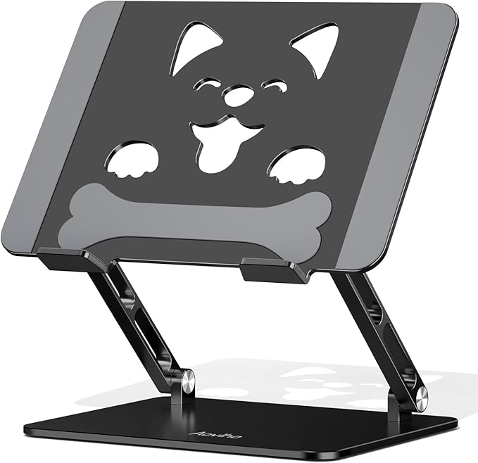Aoviho Laptop Stand for Desk-Adjustable, Foldable, Portable, Ergonomic Aluminum Notebook Riser with Unique Puppy Cooling Vent, Desk Gift for 10"-17.3" Devices Mac, Dell, HP, Lenovo, Samsung, Black