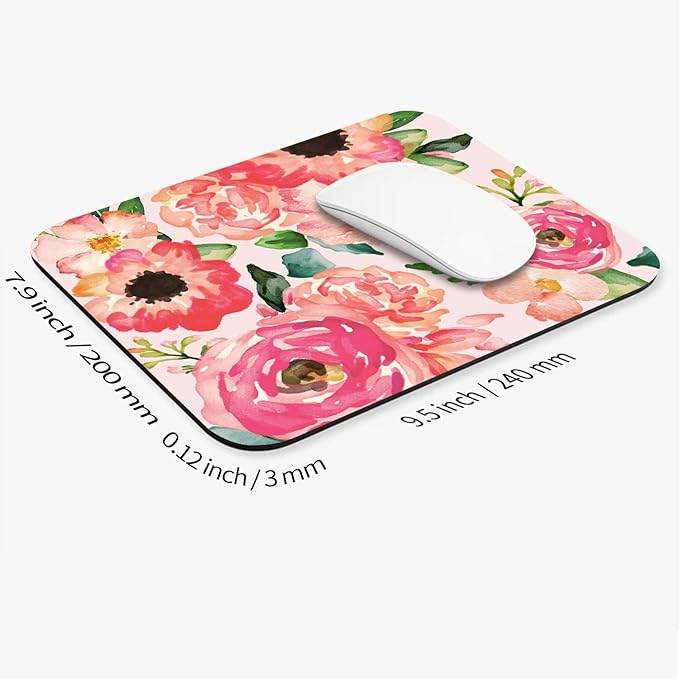 Square Mouse Pad Pink Watercolor Flower, Personalized Premium-Textured Custom Mouse Mat Design, Washable Mousepad Cloth, Non-Slip Rubber Base Computer Mouse Pads for Wireless Mouse