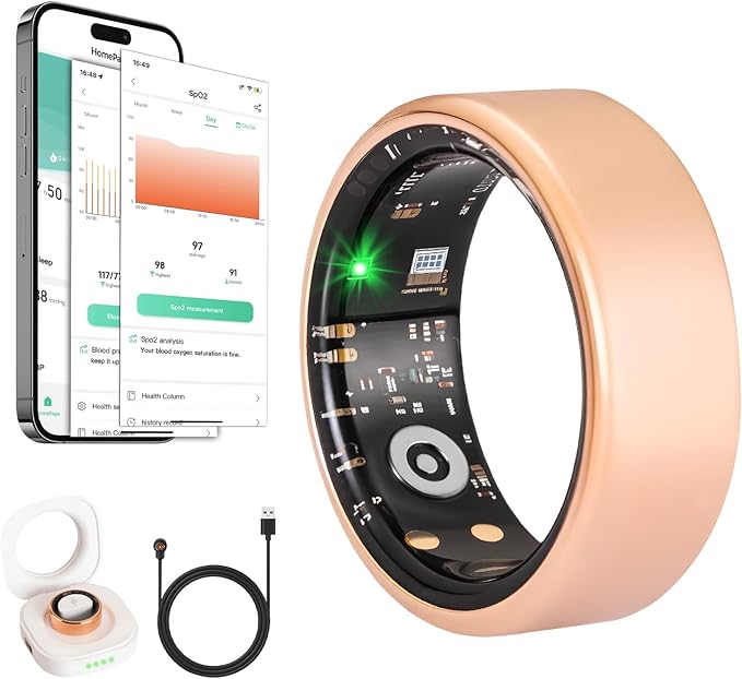 Smart Ring Health Tracker for Women Men with Fitness Tracker/Sleep Monitoring/Heart Rate/Blood Oxygen/Blood Pressure/Air Gestures /IP68 Waterproof, No Subscription Required, Charging Case