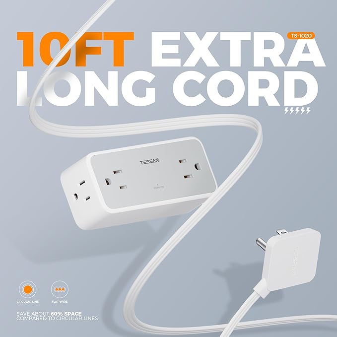 TESSAN Flat Plug Extension Cord 10 FT, Surge Protector Power Strip with 4 AC Outlets, 900 Joules Protection, Multiple Wall Outlet Extender Suitable for Office Dorm, Grey