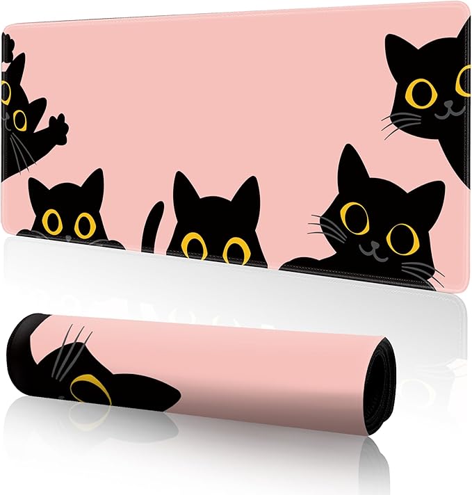 Pink Cute Cat Mouse Pad for Desk,Kawaii Mouse Pad 31.5 X 11.8 in Mouse Mat Desk Pad,Extended Keyboard Pad Large Desk Mat Pink Mousepad with Non-Slip Base and Stitched Edge for Gaming Home Office