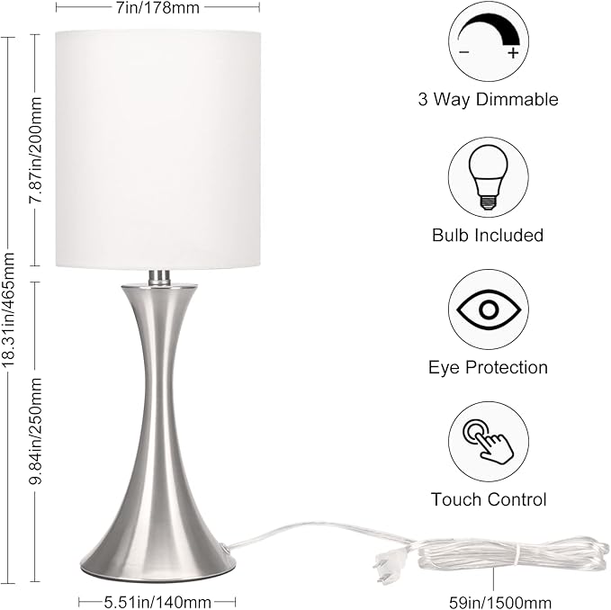 Touch Control Table Lamp, 3-Way Dimmable Bedside Lamp for Living Room, Modern Nightstand Lamp for Bedroom, Silver Table Lamp with White Shade, Desk Lamp for Dorm, Home, Office, 3000K LED Bulb Included