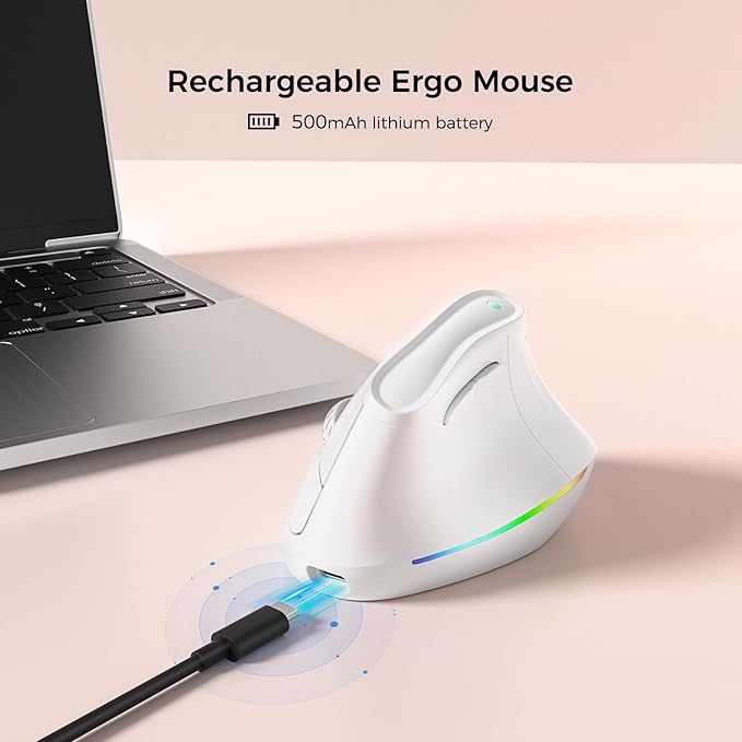KYSONA 57° Wireless Ergonomic Mouse, Vertical Mouse, Carpal Tunnel Mouse, RGB Light, Rechargeable, Bluetooth & 2.4G, 5-Level DPI Adjustment, Quiet Click Ergo Mice Compatible with PC/Laptop/Mac, White