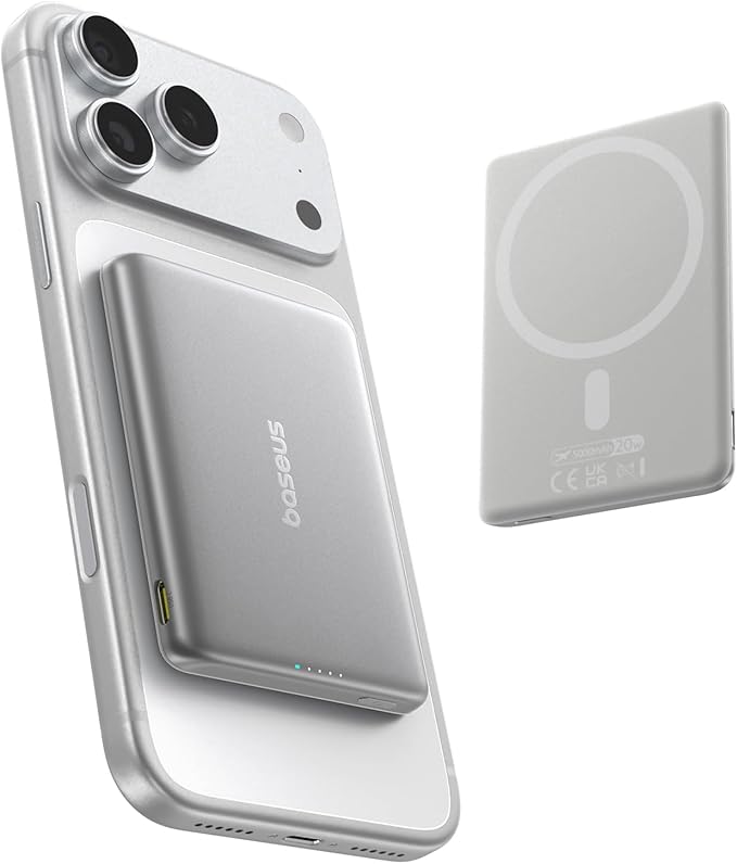 Baseus Picogo Power Bank, Smallest 5,000mAh Magnetic Wireless Charger with USB-C Braided Cable, Fast Charging Portable Battery Pack, NTC Safety Alloy Travel Essential for iPhone 7 Pro Max/17 Air/17e