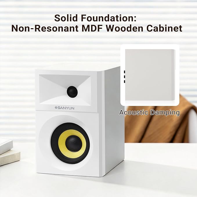 Sanyun SW205 4" 80W HiFi Bookshelf Speakers, 2.0 Active Near Field Studio Monitor, Upgraded 3D Sound Field, Flagship DAC & DSP, Geometric Diffusion Cabinet, Bluetooth 5.4/Optical/AUX, White