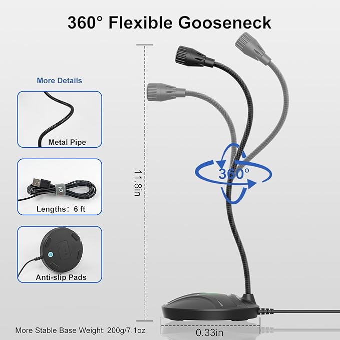 Plug & Play USB Computer Microphone, Flexible Gooseneck & Mute Button LED – Desktop Microphone for Gaming, YouTube, Streaming, Compatible with Windows/Mac (1.8m /6ft)
