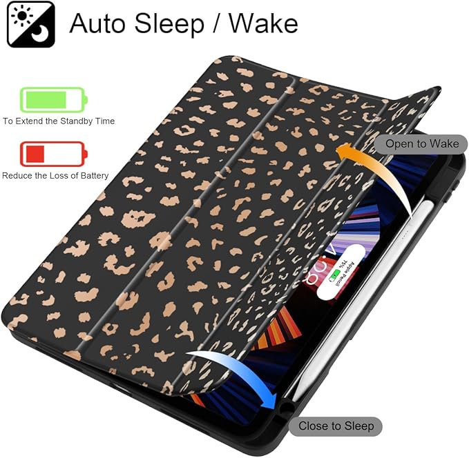 May Chen for iPad Pro 13 Inch Case M5 2025 / M4 2024, Built Pencil Holder & Clear Transparent Print Back Shell Slim Stand Shockproof Tablet Cover, Auto Wake/Sleep, Leopard Print