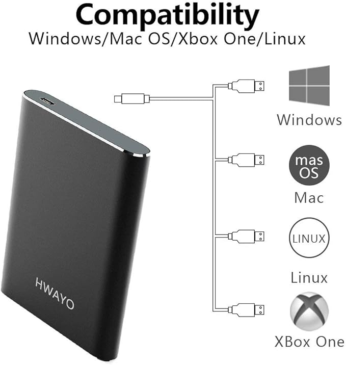 HWAYO 160GB Portable External Hard Drive, USB3.1 Gen 1 Type C Ultra Slim 2.5'' HDD Storage Compatible for PC, Desktop, Laptop, Mac, Xbox One (Black)