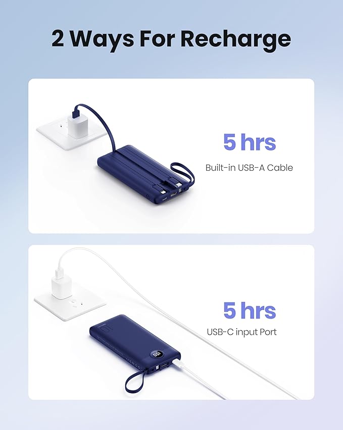 Portable Power Bank, Compact 10000mAh Portable Charger with 4 Cables, USB C Battery Pack 5 Outputs 2 Inputs LED Display Compatible with iPhone/Android & More (Navy Blue)