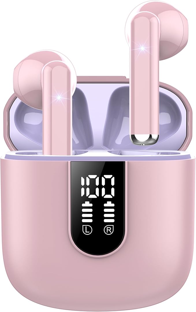 Jesebang Wireless Earbuds, Bluetooth 5.4 Headphones HiFi Stereo, Bluetooth Earbuds with ENC Noise Cancelling Mic, 36H LED Display Ear Buds, IPX7 in Ear Earphones for Phone Tablet Laptop Sports, Pink