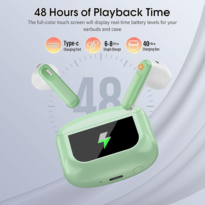 Wireless Earbuds, Bluetooth 5.4 Headphones with Multifunctional Touch Screen, 48H Bass Stereo Ear Buds with ANC/ENC Noise Cancelling/Transparency Mode, IPX7 Earphones with 5 EQ Modes, Grass Green