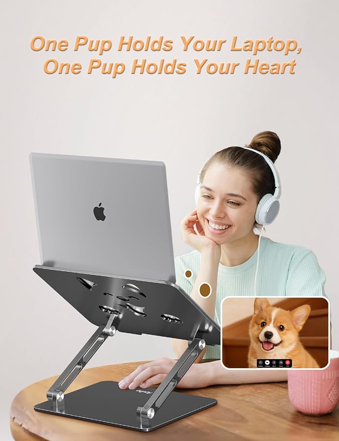 Aoviho Laptop Stand for Desk-Adjustable, Foldable, Portable, Ergonomic Aluminum Notebook Riser with Unique Puppy Cooling Vent, Desk Gift for 10"-17.3" Devices Mac, Dell, HP, Lenovo, Samsung, Gray