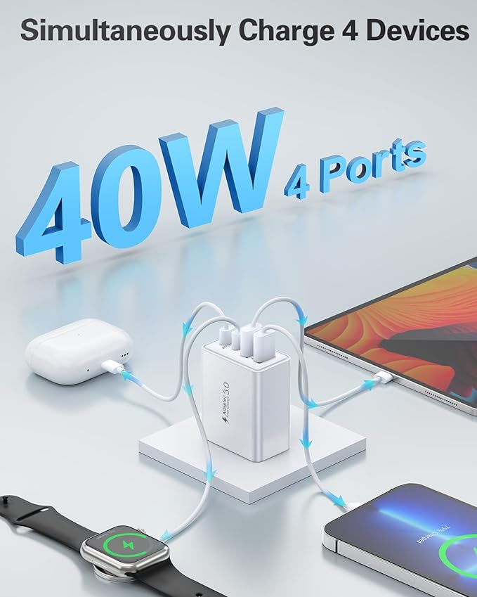 2-Pack iPhone 14 13 Charger Fast Charging, 40W 4-Port USB C Chargers Block with 6FT USB C to Lightning Cable for iPhone 14 13 12 11 Pro Max XS XR X 8, Multi Wall Plug Power Adapter Charging Box