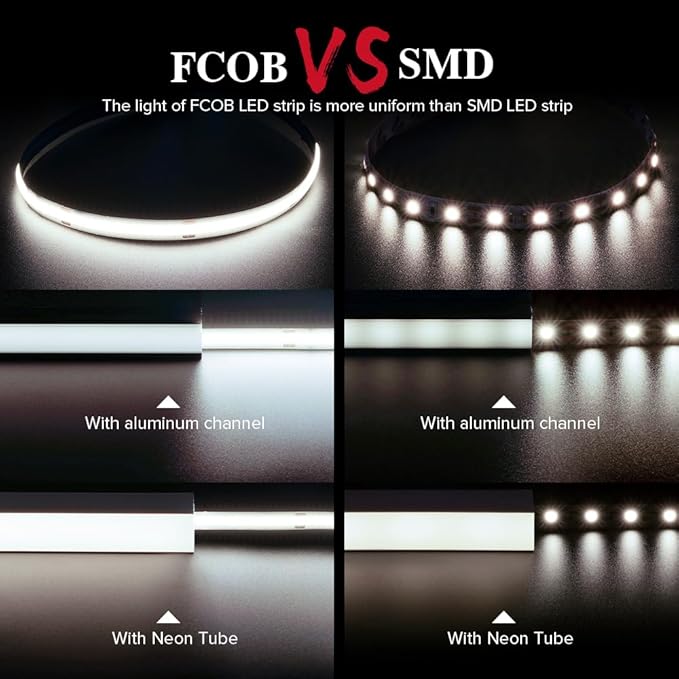 BTF-LIGHTING FCOB COB LED Strip 528LED/m Flexible High Density Uniform Light 14W/m 16.4FT DC24V Natural White 4000K CRI 90+ 10mm Width for Home Indoor Decoration(No Adapter or Controller)