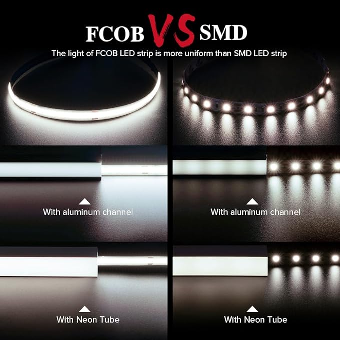 BTF-LIGHTING FCOB COB LED Strip 528LED/m Flexible High Density Uniform Light 14W/m 32.8FT DC24V Natural White 4000K CRI 90+ 10mm Width for Home Indoor Decor(No Adapter or Controller)
