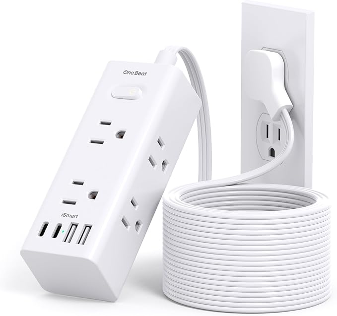 15Ft Extension Cord with Multiple Outlets, Flat Plug Power Strip Surge Protector with 15 Ft Long Cord, 6 Outlet 3 USB Ports (1 USB C), Multi Outlet Wall Plug for Travel, College, Dorm Room Essentials