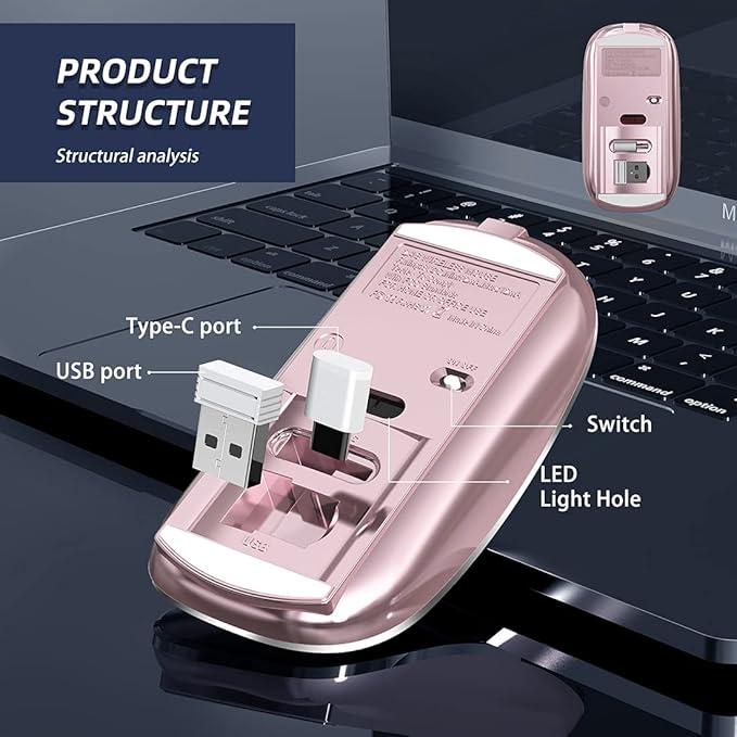 Halpilt Wireless Mouse Chargeable Portable Silent USB and Type-C Dual Mode Wireless Mouse 3 Adjustable DPI for Laptop, Mac, Android, PC (Q23S Black) (Rose Gold)