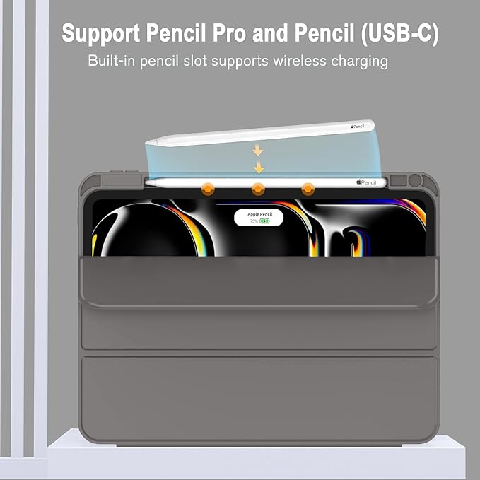 ZryXal New iPad Pro 13 Inch Case (M5) 2025 / (M4) 2024 with Pencil Holder, Smart iPad Case [Support Pencil Pro and Pencil (USB-C)], Support Touch ID and Auto Wake/Sleep (Space Gray)