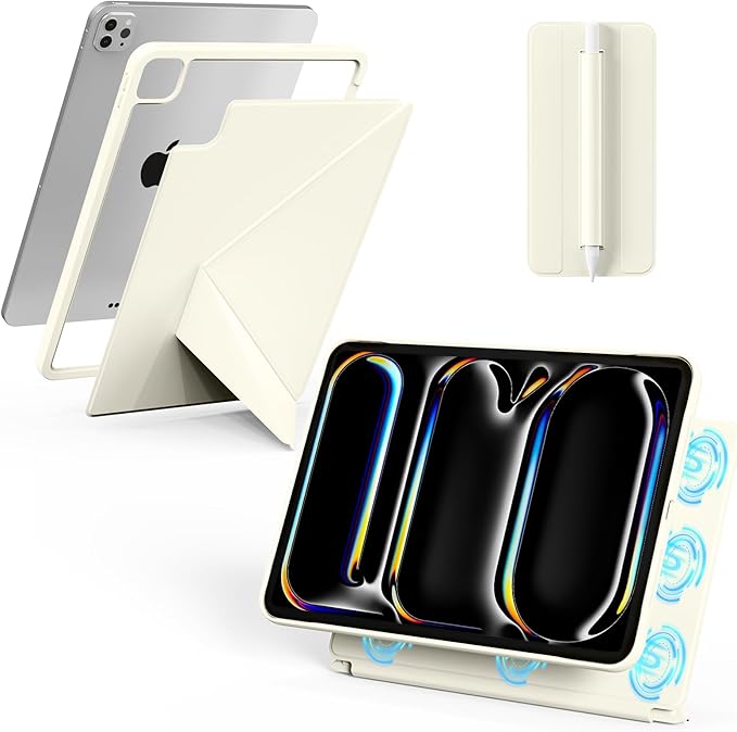 for iPad Pro 13 Inch Case (M5/M4) 2025/2024, Detachable Powerful Magnetic Attachment, Multiple Folding Stand, Slim Rebound Protection Cover, Auto Sleep/Wake, Cream White