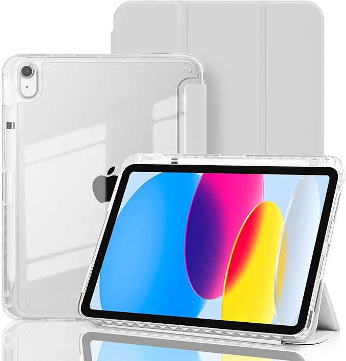 Case for iPad A16 11th Generation 11 Inch 2025, iPad 10th Generation 10.9 Inch 2022, Hybrid Protective Cover with Pencil Holder, Clear Transparent Back Shell, Anti-Yellowing Case, Gray