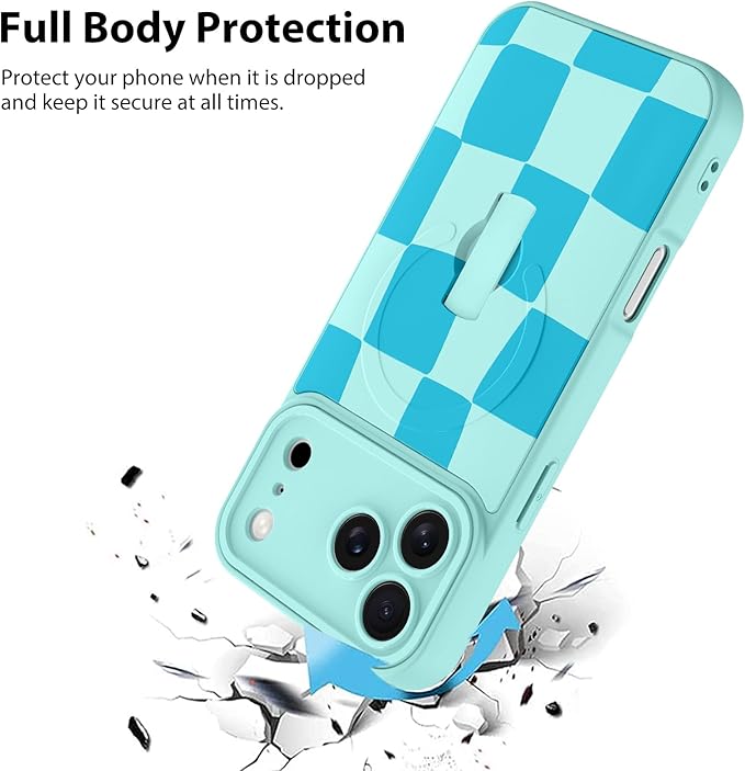 KANGHAR Compatible with iPhone 17 Pro Max Case, Support for MagSafe, Silicone Checkered Cute Pattern, Wristband Kickstand Camera Protection Soft Slim Cover for Girls Women -Blue