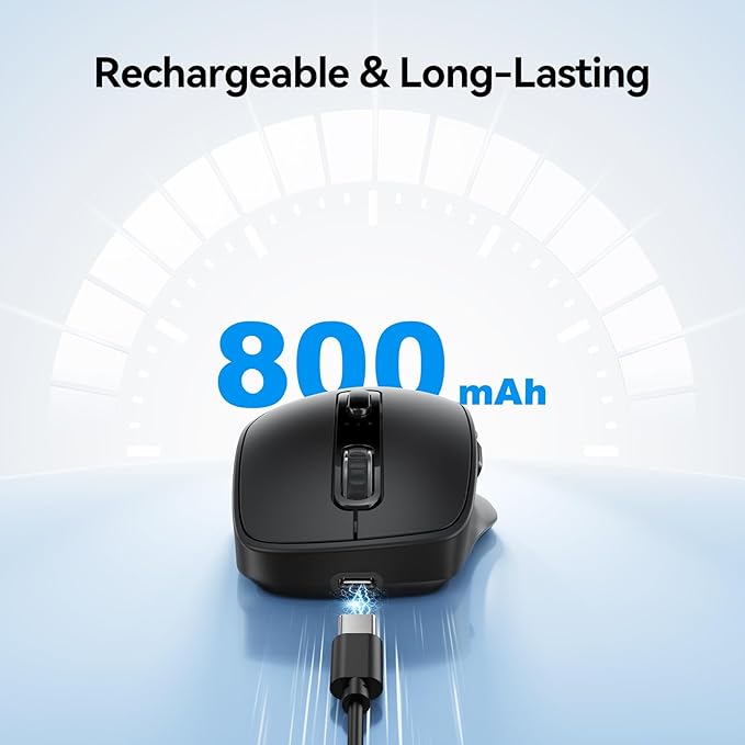 TECKNET 3-Device Wireless Mouse, Rechargeable Dual-Mode (2.4G & BT 5.0), Silent USB-A & Bluetooth Mouse, 6-DPI up to 4800, Wide Compatibility - Black