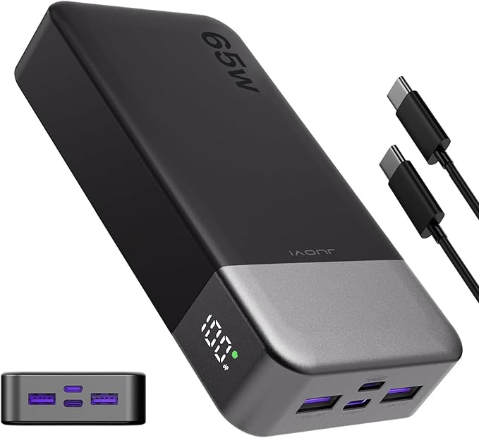 JUOVI Portable Charger 65W Power Bank 20000mAh Compact USB C Laptop Power Bank Fast Charging Battery Pack for Laptop MacBook Dell XPS iPad Tablet Steam Deck iPhone 17/16/15/14 Series Samsung and More