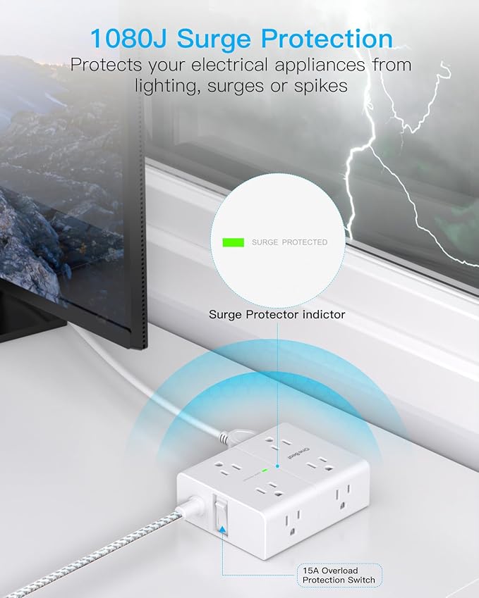 Extension Cord 20 Ft, One Beat Surge Protector Power Strip 20 Ft Long Cord, 8 AC Outlets with 4 USB Ports(2 USB C), White Power Strip for Home Office College Dorm Room, Desk Essentials