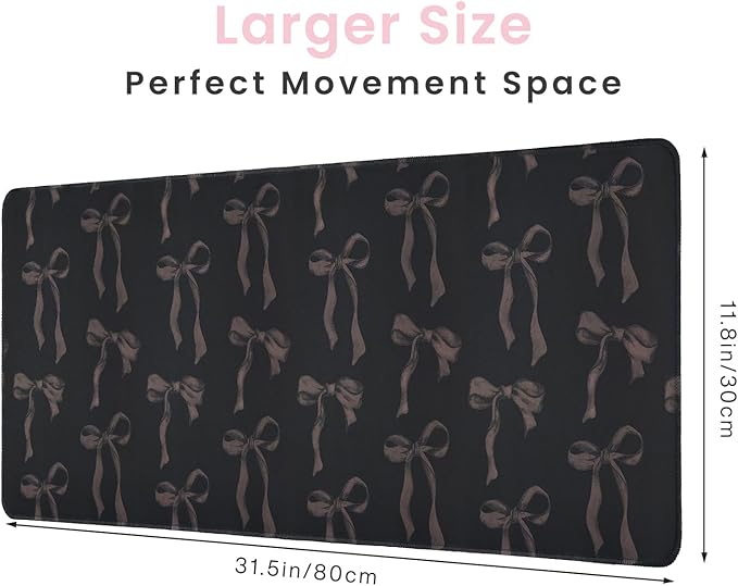 Black Desk Mat Bows, Cute Bow Mouse Pad Desk Matt for Desktop, 31.5 x 11.8” Extra Large Black Laptop Keyboard Computer Mat, Non-Slip Base, Stitched Edge, Girly Office Décor Desk Accessories for Women
