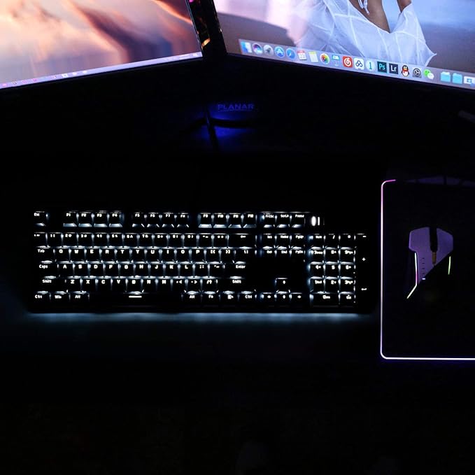 Merdia 104 Keys Wired Mechanical Gaming Keyboard | White LED Backlit US Layout | Hot Swappable Blue Switch Full Size Mechanical Keyboard | Black & Grey Keycaps Light Up PC Gaming Computer Keyboards