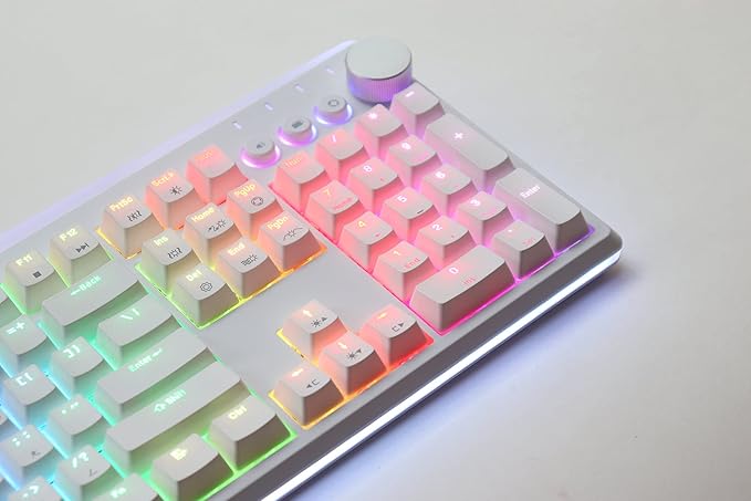 i-rocks K71M RGB Mechanical Gaming Keyboard with Media Control Knob, Switches (Brown), 107 Keys w/Full NKRO, PBT Keycaps, Multimedia Hotkeys, Detachable USB-C Cable and Onboard Storage, White