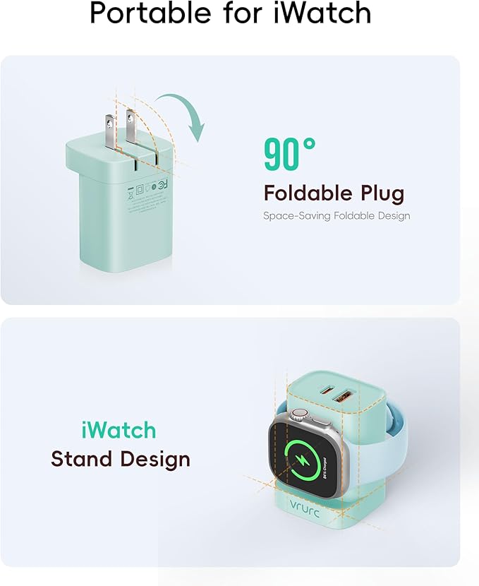 VRURC Charger for Apple Watch, Built-in Wireless Magnetic Charging Station for iWatch SE/11/10/9/8/7/6/5/4, PD 20W USB C Charging Block, Foldable Wall Charger Fast for iPhone 17/16/15/14/13-Green