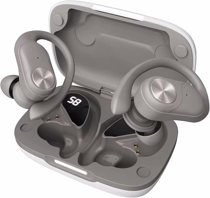 Wireless Bluetooth Sports Earbuds - Over-Ear Hook Headphones with LED Display - Touch Control & Voice Assistant - Wireless Charging Case – for Running - Gym - Workout (Light Grey)