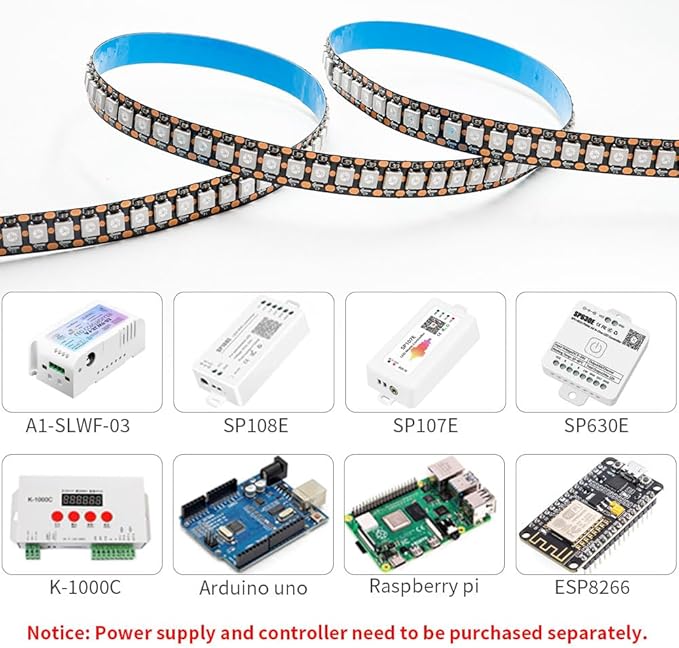 WS2812B IC RGB 5050SMD ECO Individual Addressable LED Strip Light, 3.2FT 144LED/m Flexible Full Color IP30 DC5V Black PCB for DIY Project (No Power Adapter or Controller)