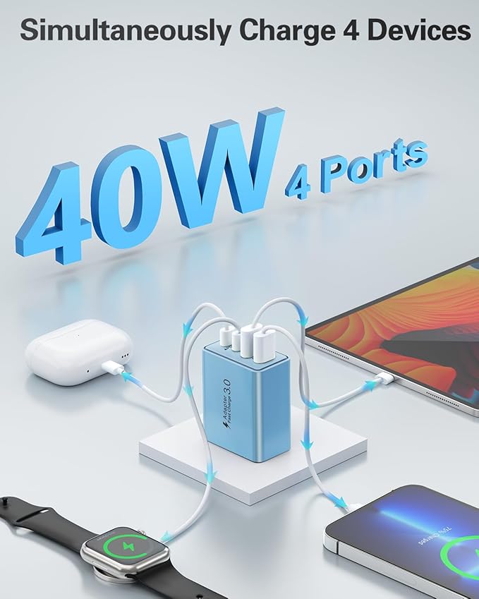 USB C Charger Block, 2-Pack 40W USB C Fast Charging Block 4-Port Dual PD+QC Power Adapter Double USBC Charger Block Multiport Type C Cube Wall Plug for iPhone 16 15 14 13 12 11 Pro Max, Samsung