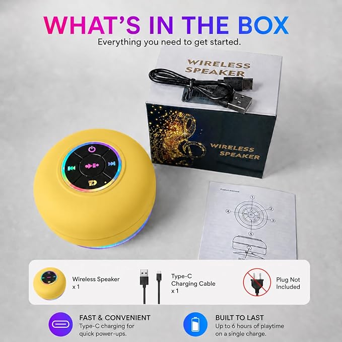 Bluetooth Shower Speaker with LED – Portable Wireless Mini Speaker with Mic & Suction Cup, IPX4 Water Resistant for Shower, Travel, Pool, River Floating, and Outdoor Fun (Yellow)