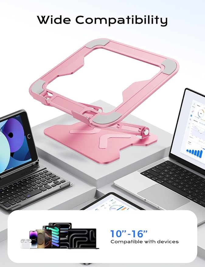 JCZT Adjustable Laptop Stand for Desk, Metal Foldable Laptop Riser, Portable Laptop Holder Mount, Ventilated Cooling Computer Notebook Stand for MacBook Air Pro, All 10-16'' Notebooks Laptops, Pink
