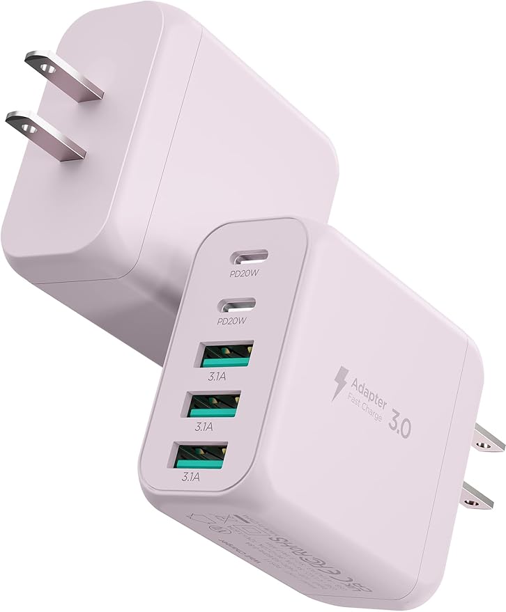 EIZLXQ USB C Charger Block, [2-Pack] Type C Charger Fast Charging,50W 5-Port USB Wall Charger Multiport Type C Charging Block Cube for iPhone 17/16/15/14/13/12/11 Pro Max XS,iPad,Samsung&More-Pink