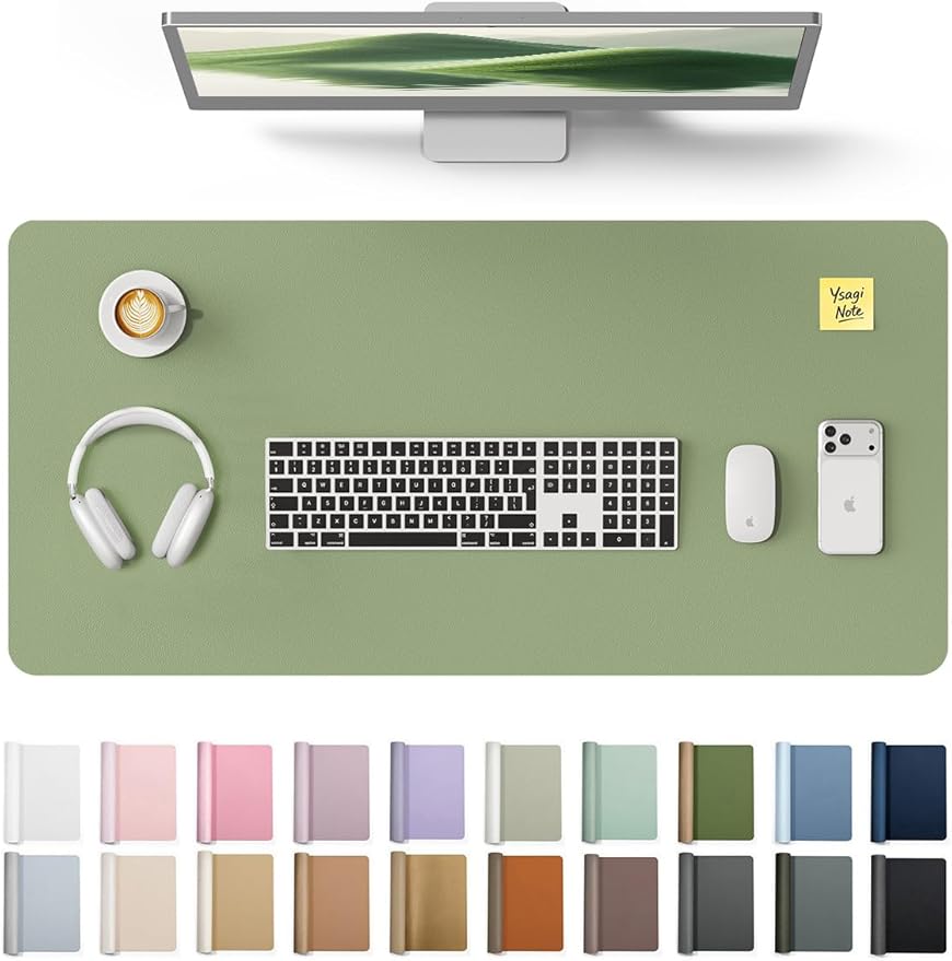 YSAGi Leather Desk Protector, Office Mat, Large Mouse Mat, Non-Slip PU Leather Blotter, Laptop Desk, Waterproof Writing Pad for Office and Home (Bamboo Green, 35.4" x 17")