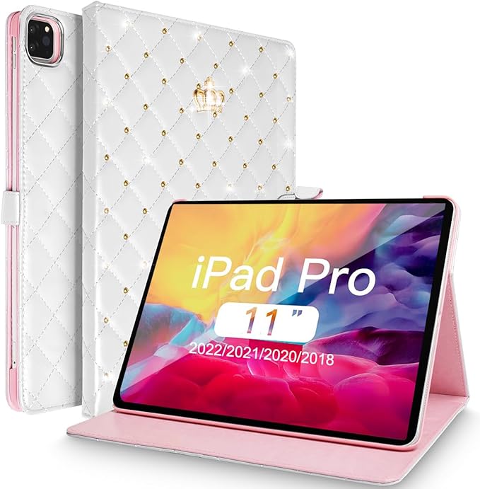 Changjia for iPad Pro 11 inch Case 2022(4th Gen)/2021(3rd Gen)/2020(2nd Gen)/2018 (1st Gen), Cute Crown Bling Diamond PU Leather Smart Auto Sleep/Wake Stand Shockproof Cover for iPad Pro 11 Inch,White