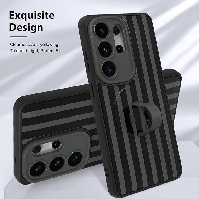 KANGHAR Compatible with Samsung Galaxy S26 Ultra Case, Support for MagSafe, Silicone Stripes Cute Pattern, Wristband Kickstand Camera Protection Soft Slim Cover for Girls Women -Black