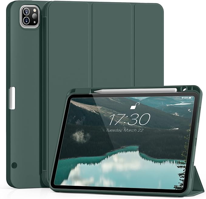 Aoub New iPad Pro 12.9 Case 6th Generation 2022 / 5th Gen 2021/ 4th Gen 2020 with Built-in Pencil Holder, Auto Wake/Sleep, Slim Stand Soft Back Shell Smart Cover for iPad Pro 12.9 Inch, Dark Green