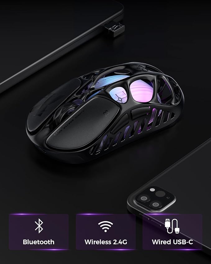GravaStar Mercury X Wireless Gaming Mouse – 32,000 DPI PAW 3950 Sensor, 1000Hz Polling Rate, Only 49g, Magnesium Alloy Hollow Frame, RGB Lighting, 5 Programmable Buttons