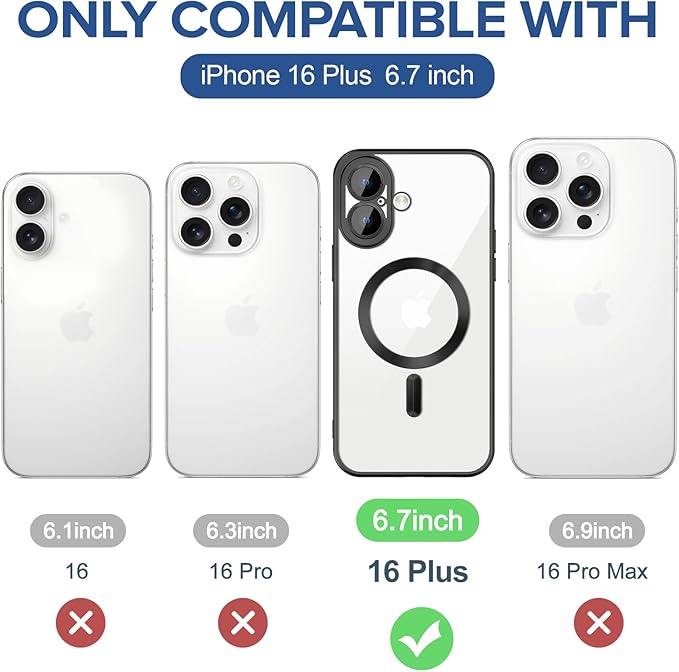 Hython Magnetic Clear for iPhone 16 Plus Case with Camera Lens Protector [Compatible with MagSafe] Luxury Plating Edge Slim Soft TPU Cover Protective Phone Case for iPhone 16 Plus, Matte Black