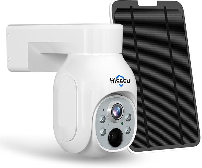 Hiseeu Solar Security Camera Outdoor, 4MP Wireless WiFi Camera, PTZ 360° View, PIR Motion Detection, Color Night Vision, IP66, 2-Way Audio, Compatible with Alexa